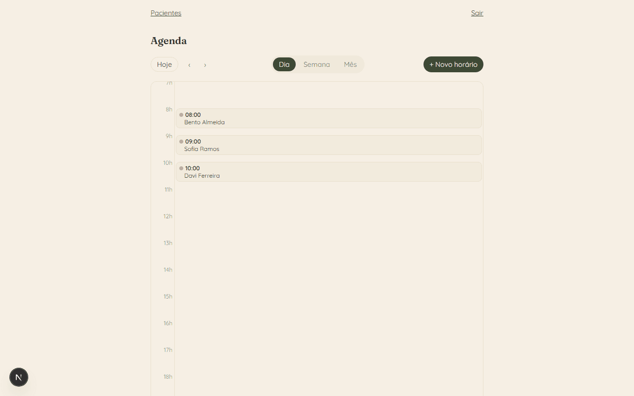 Agenda com os horários do dia